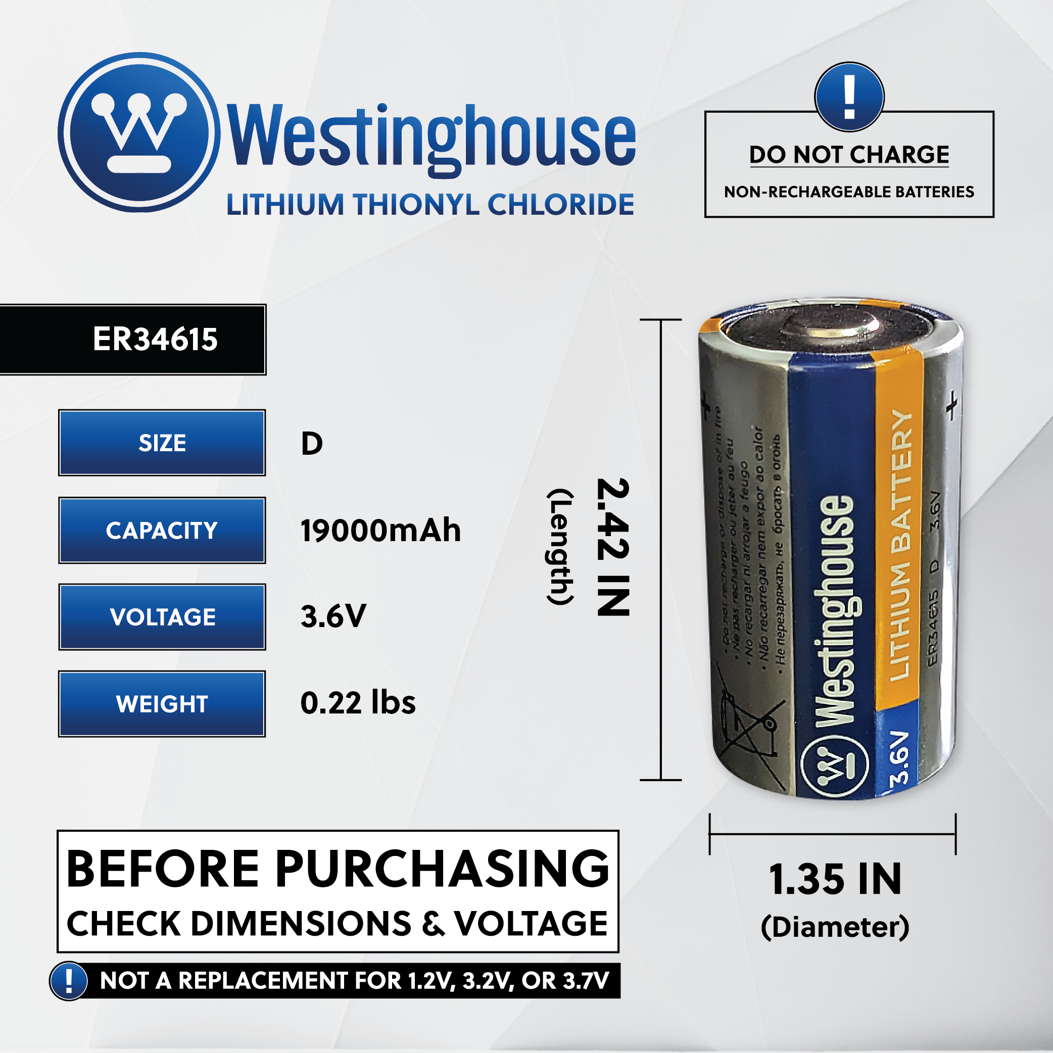 ER34615 D size 3.6V Lithium Primary Battery for Specialized Devices - Non Rechargeable
