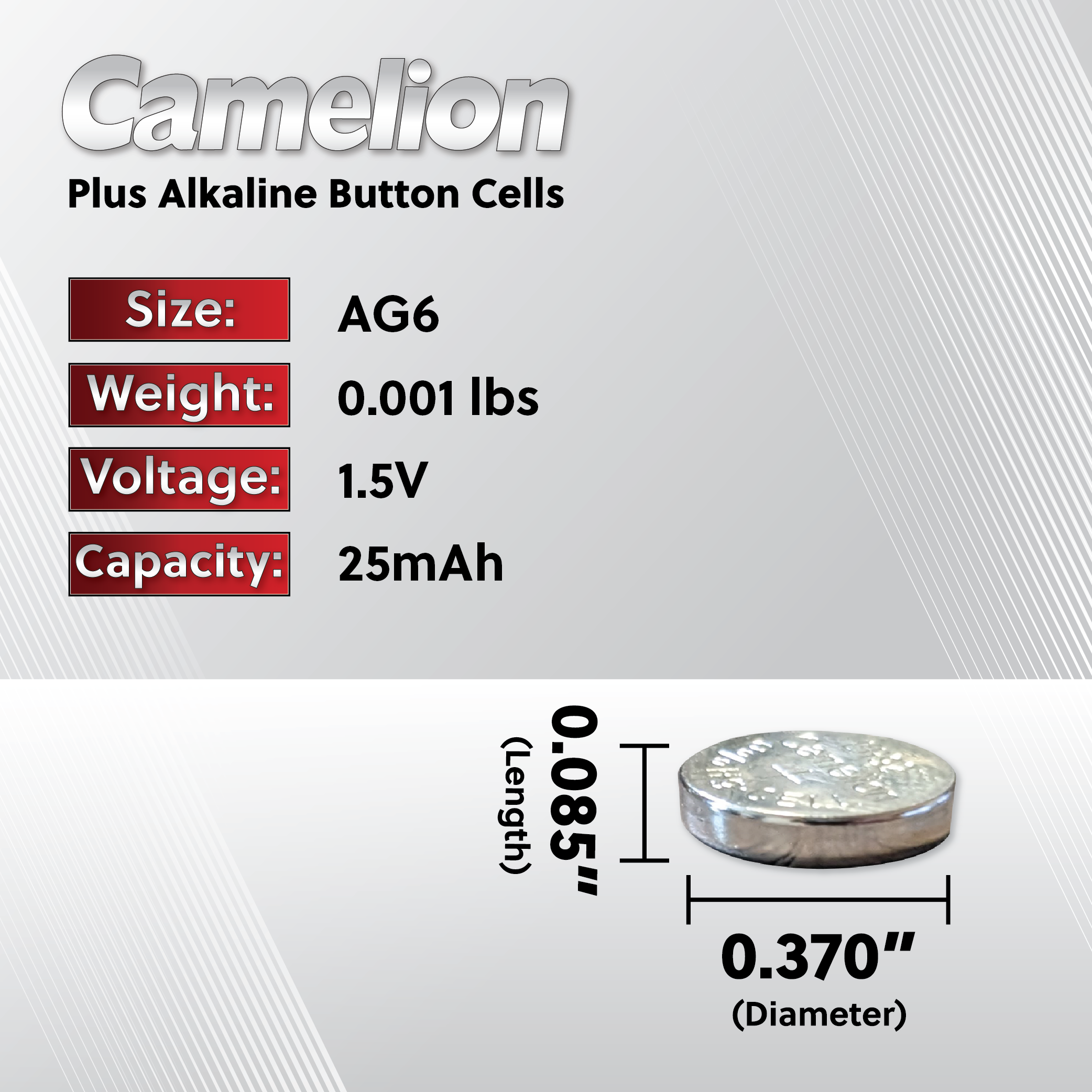Camelion AG6 / 371 / LR921  1.5V Alkaline Button Cell Battery (Two Packaging Options)