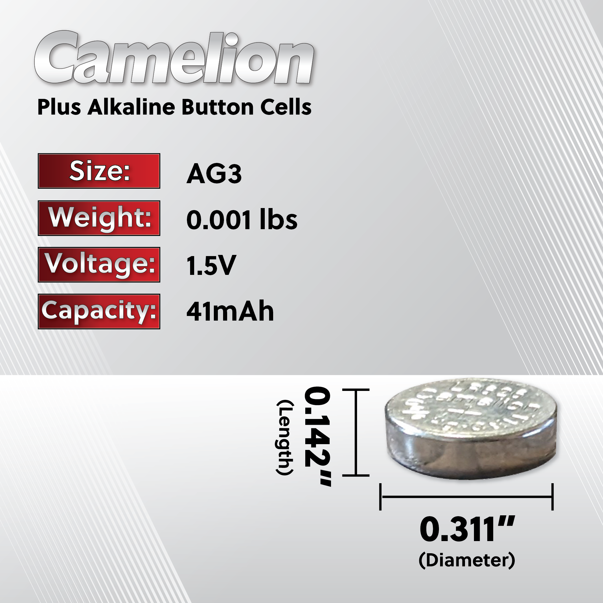 Camelion AG3 / 392 / LR41 1.5V Alkaline Button Cell Battery (Two Packaging Options)