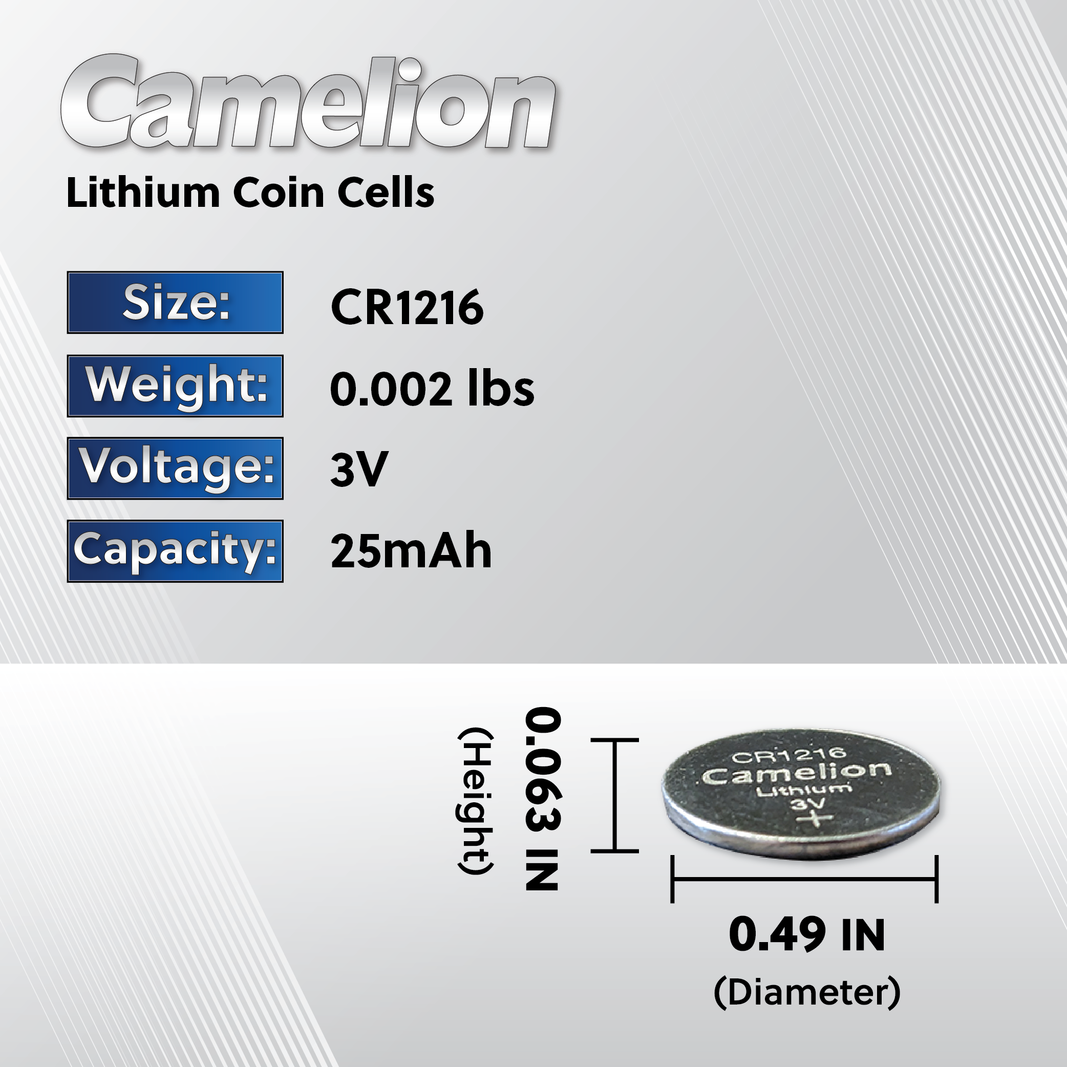 Camelion CR1216 3V Lithium Primary Coin Cell Battery - Non Rechargeable
