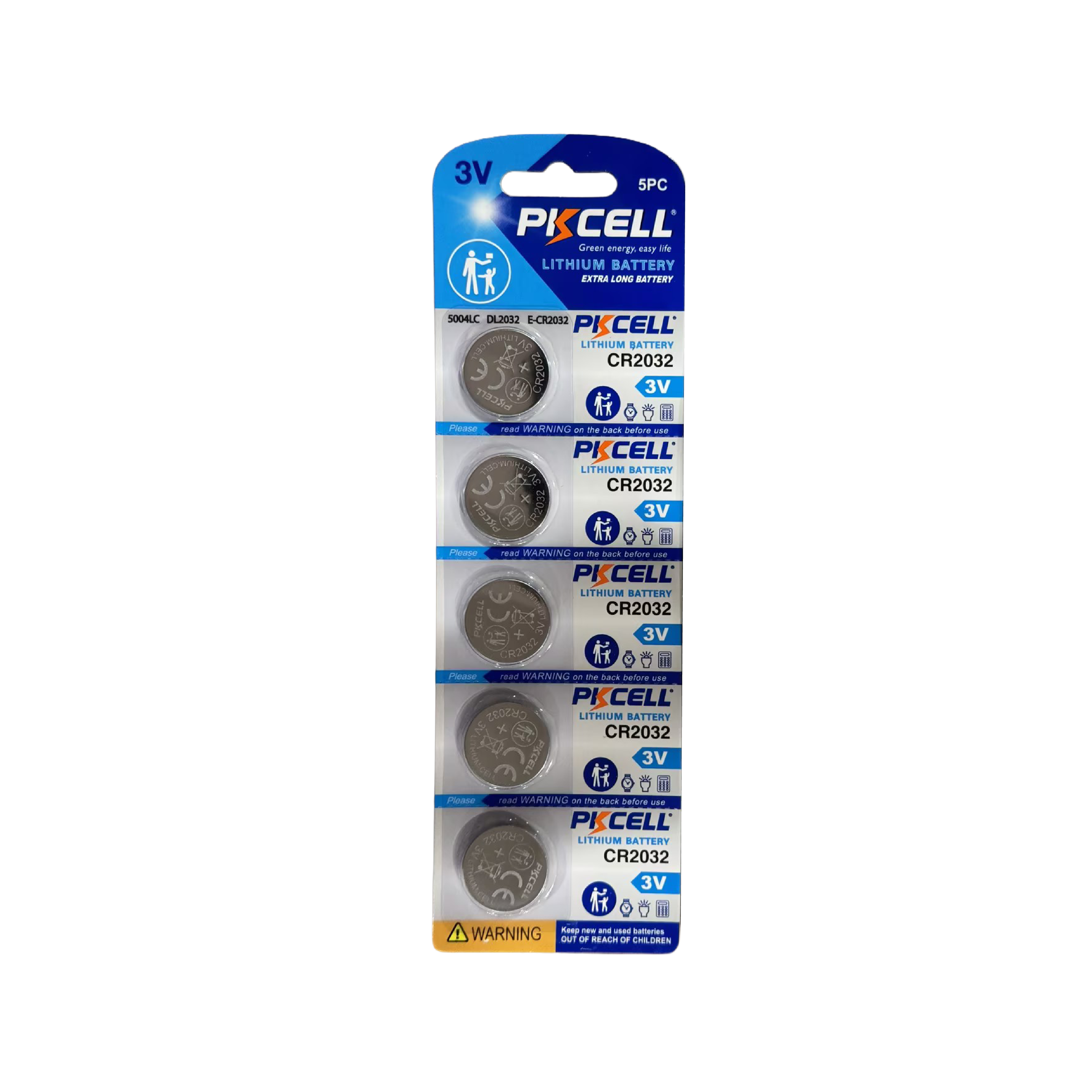 PK Cell CR2032 3V Lithium Primary Coin Cell Battery Blister 5Pk - Non Rechargeable