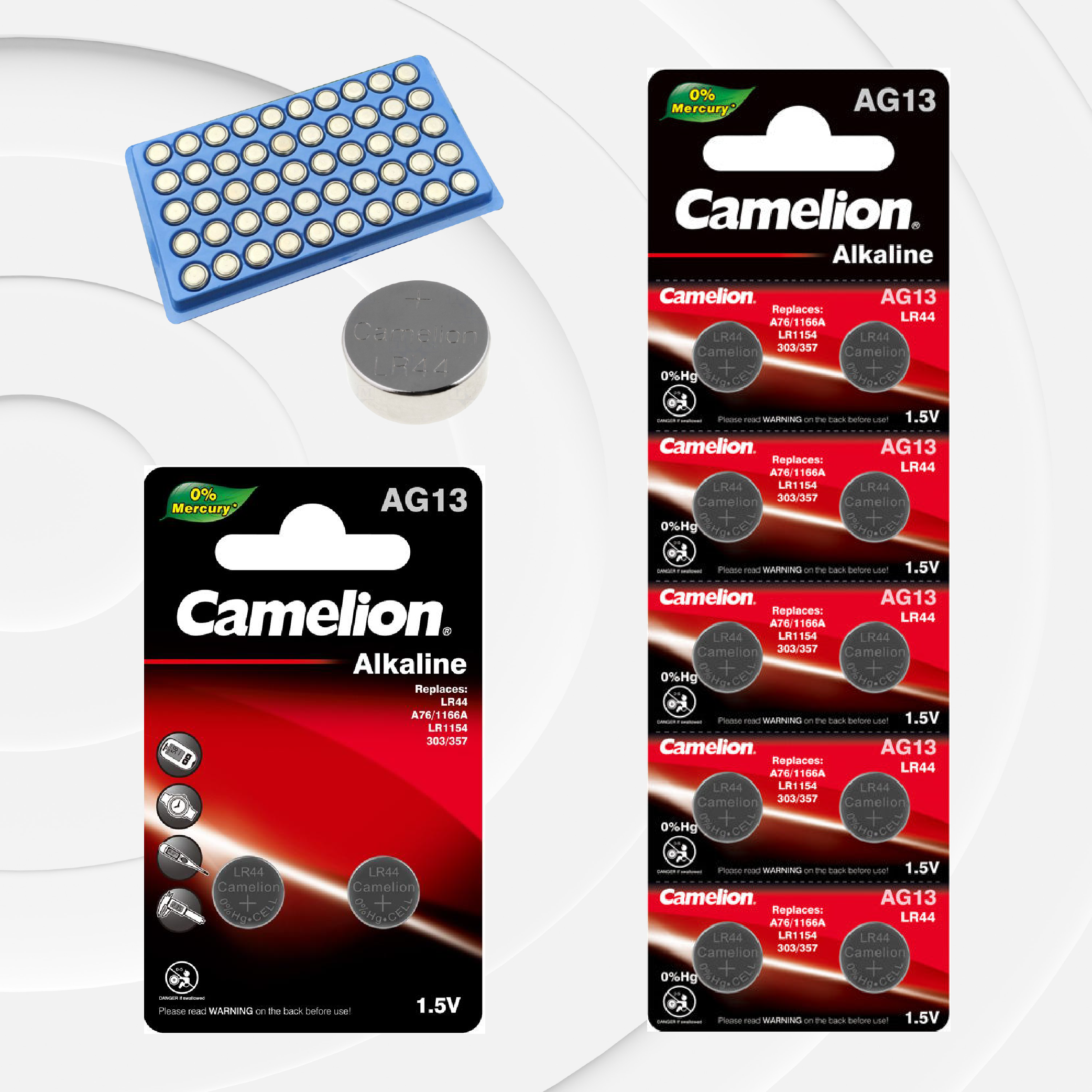 Camelion AG13 / G13 / LR44 / A76 / SR44W / GP76A / 357 1.5V Alkaline Button Cell Battery (Three Packaging Options)