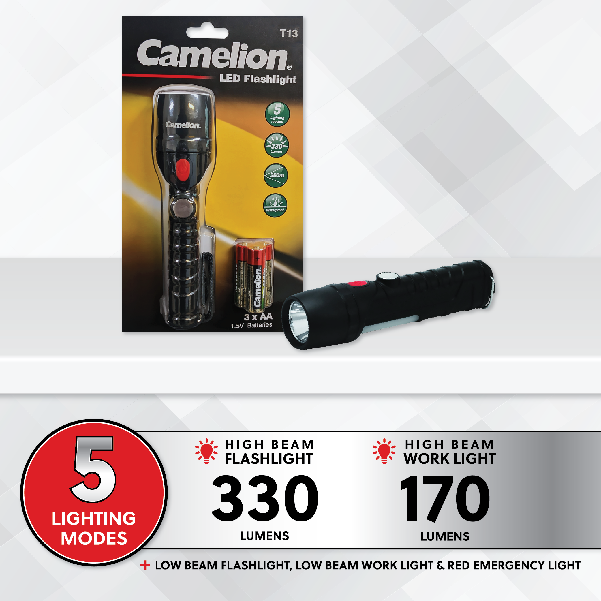 Camelion T13 5W CREE LED Flashlight, Work Light and Emergency Flasher Camelion T13 5W CREE LED Flashlight, Work Light and Emergency Flasher