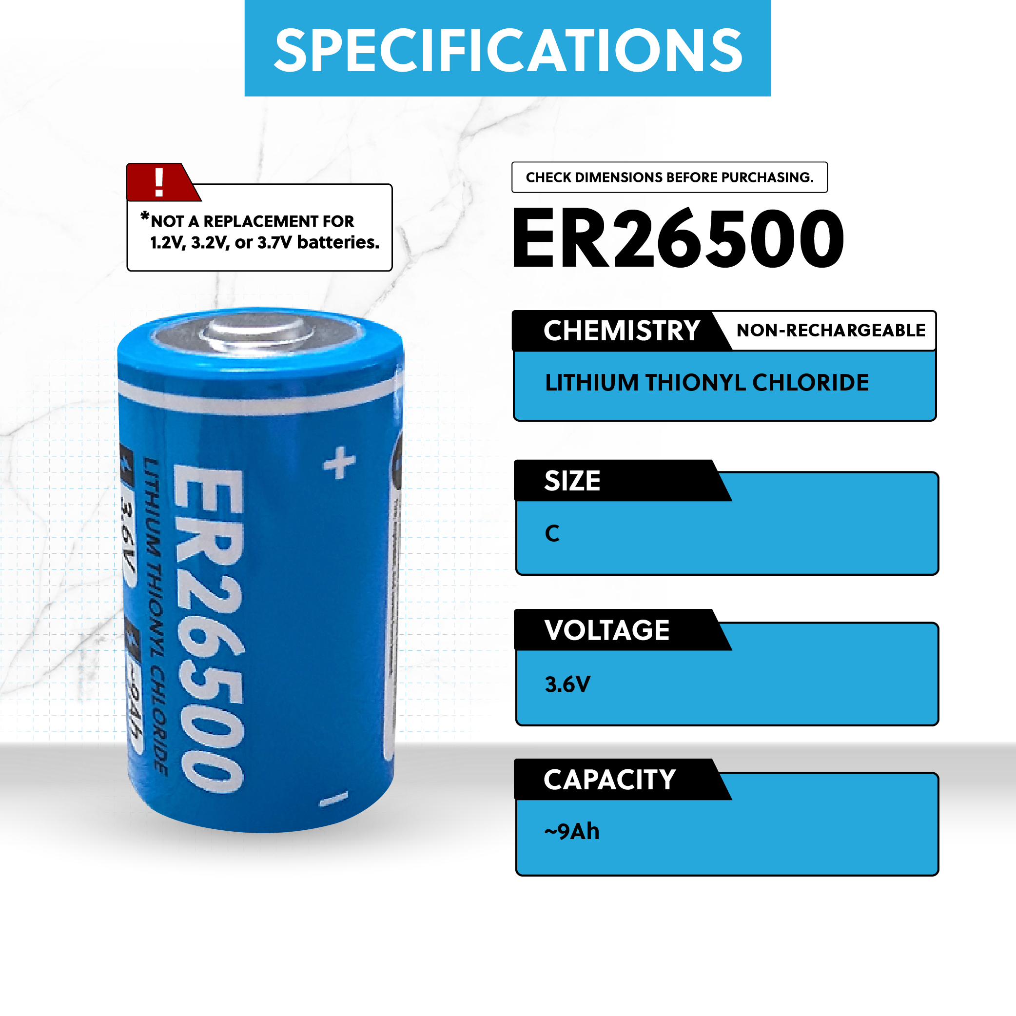 IP Power ER26500 C Size 3.6V ~9Ah Lithium Thionyl Chloride Battery for Specialized Devices - Non Rechargeable