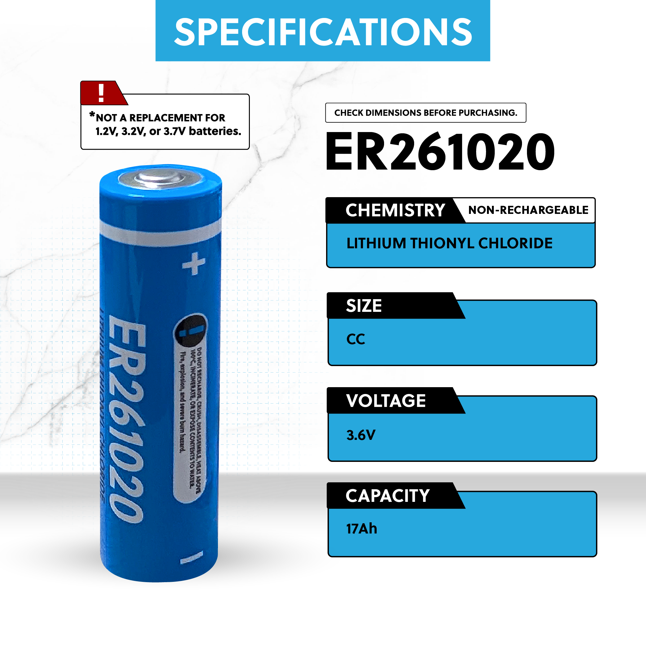 IP Power ER261020 3.6V 17Ah Double C Lithium Thionyl Chloride Battery - Non Rechargeable
