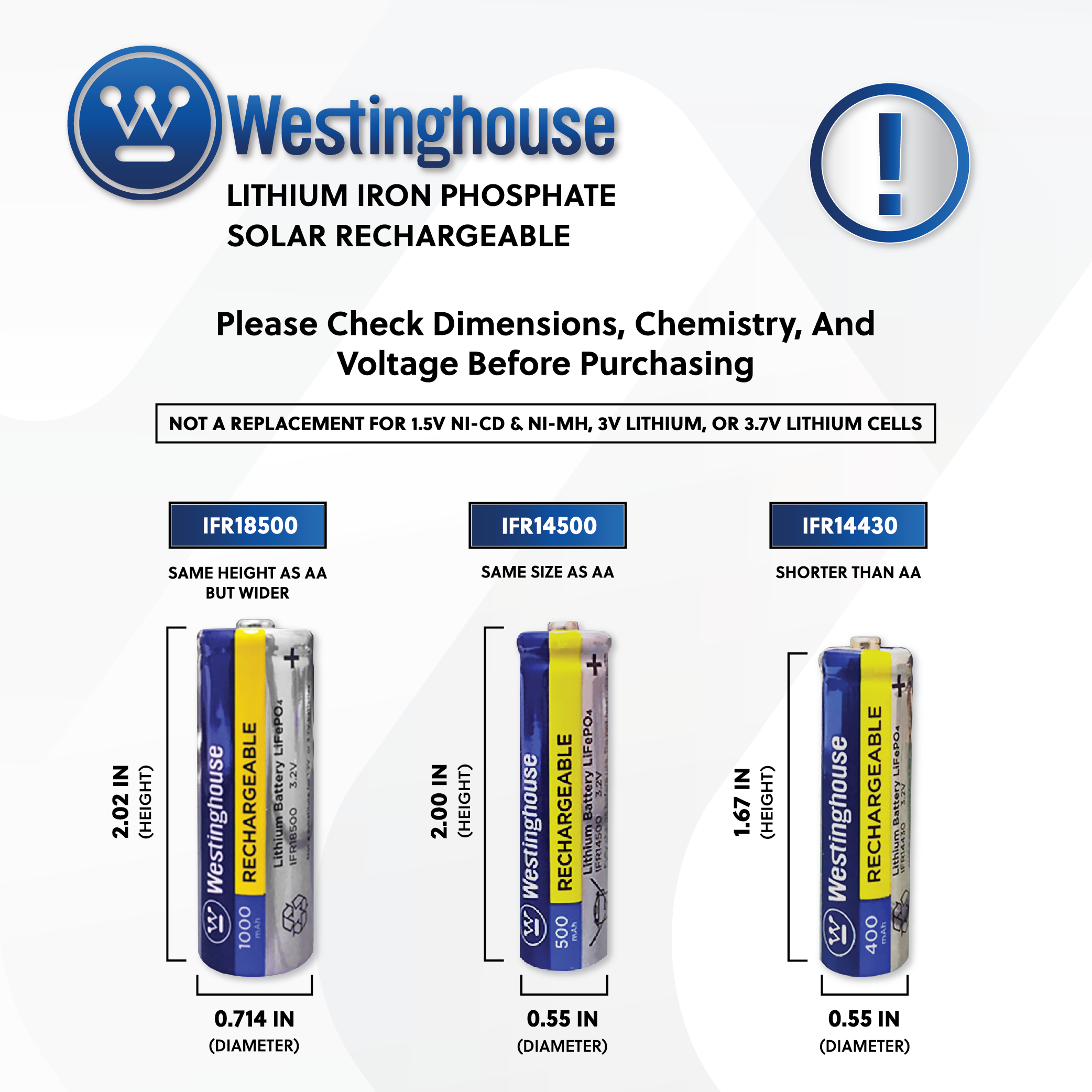 Westinghouse Life-PO4 14500 3.2v 500mah Solar Rechargeable Cardboard Box of 8