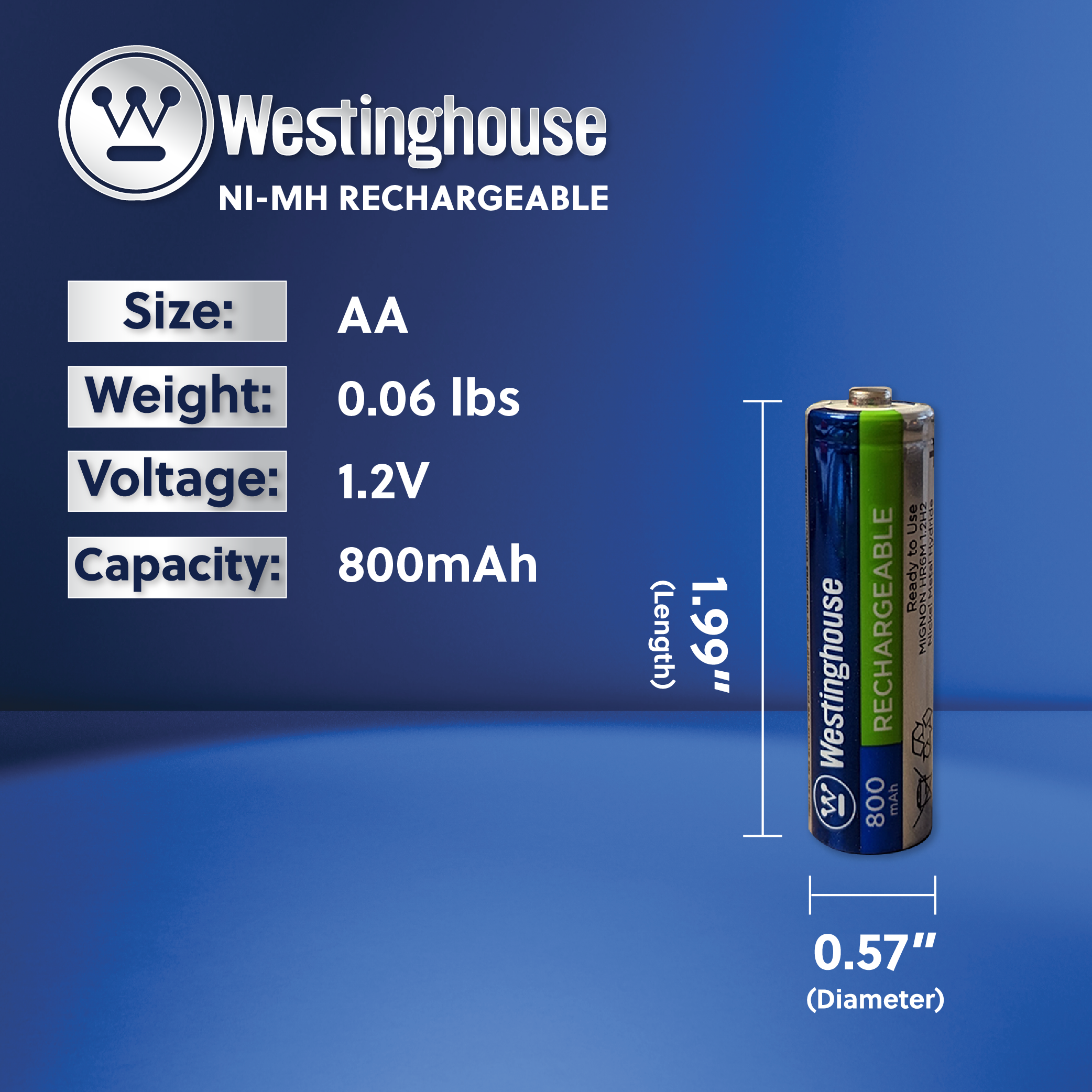 Westinghouse Rechargeable  NiMh AA 800mAh Cardboard Box of 8