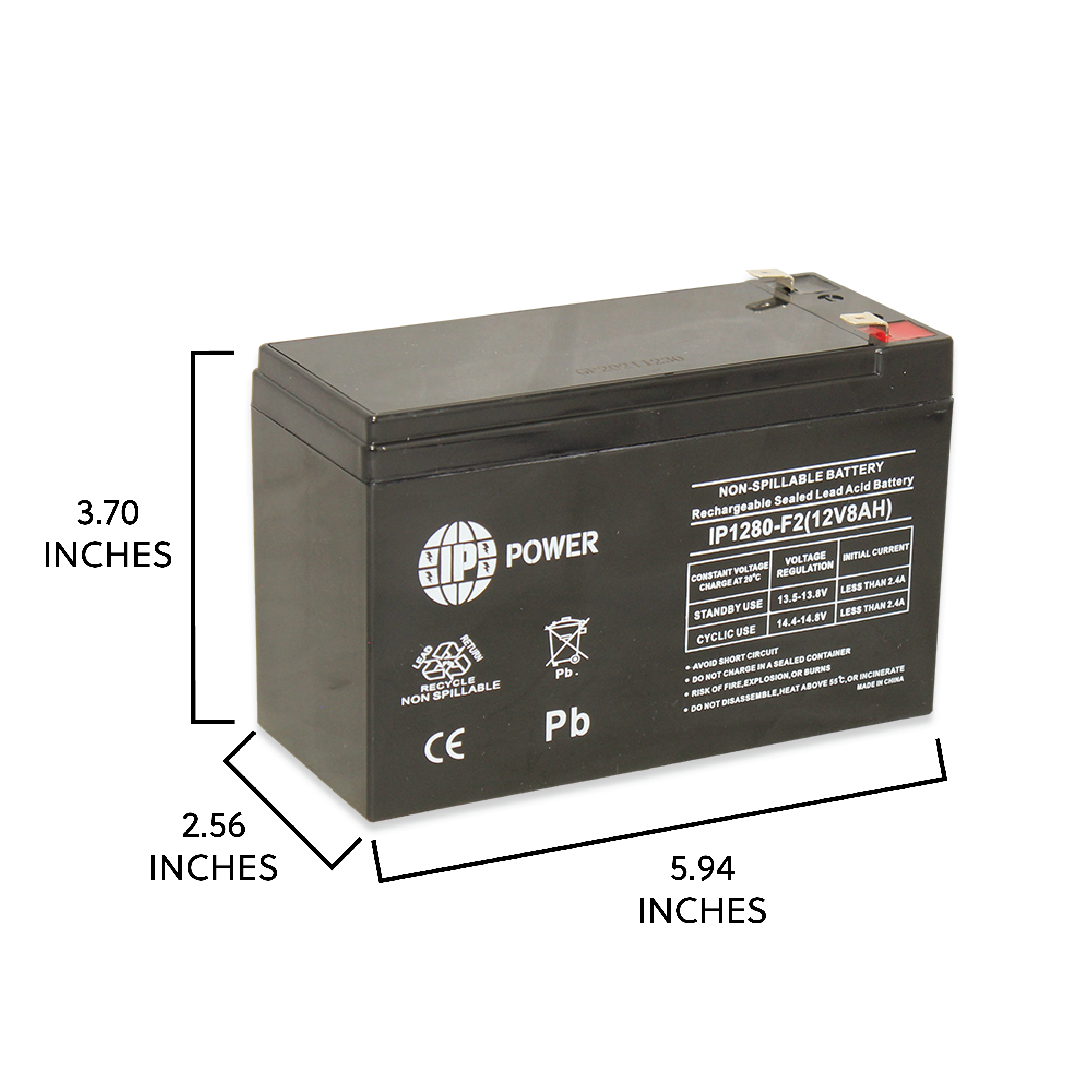 IP POWER  IP1280-F1, 12V 8Ah F1 Terminal,  Sealed Lead Acid Rechargeable Battery