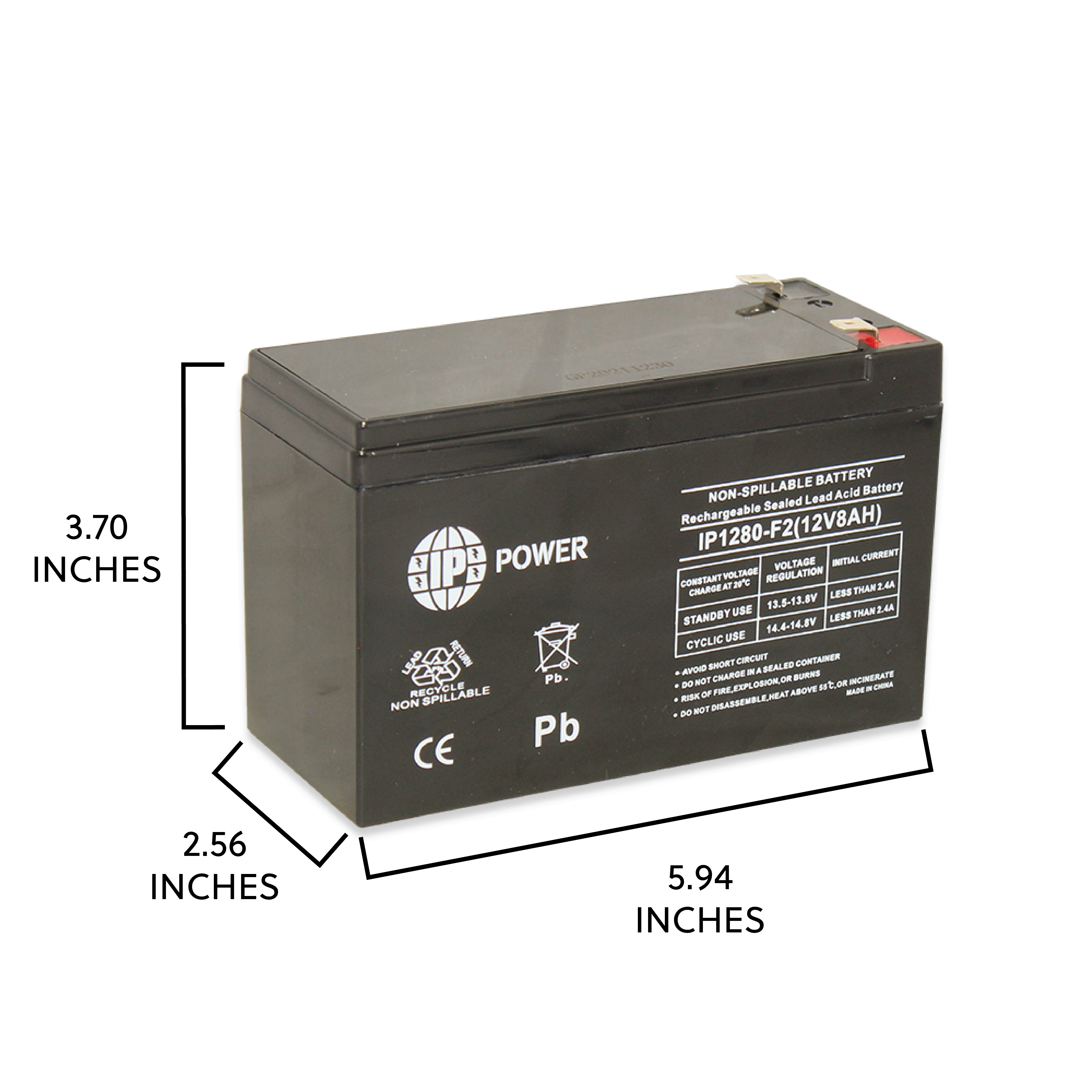 IP POWER  IP1280-F2, 12 Volt 8 Amp F2 Terminal, Sealed Lead Acid Rechargeable Battery