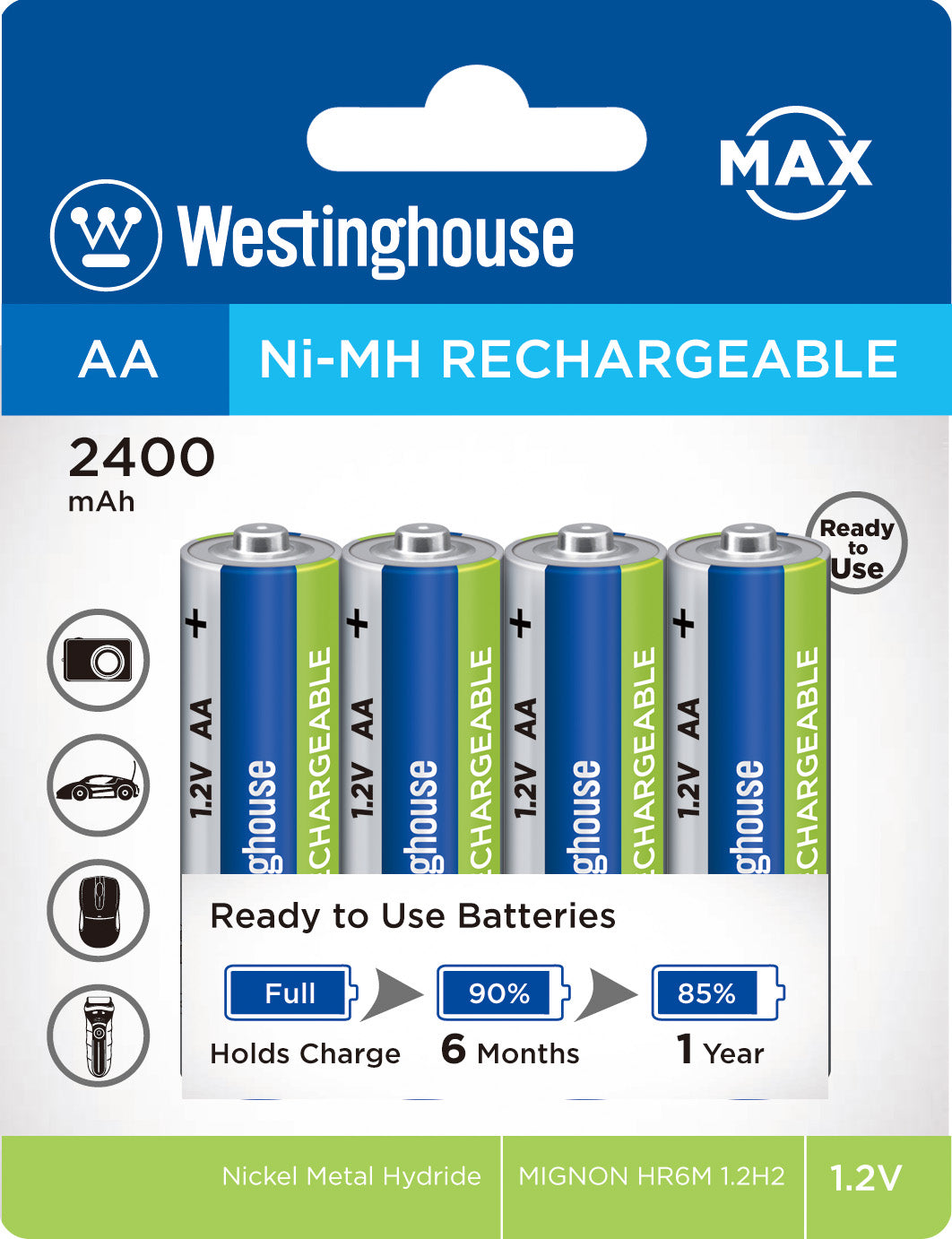 wholesale, wholesale batteries, always ready rechargeable batteries, AA batteries, AA recahrgeable, Ni-MH batteries, 2400mAh, batteries