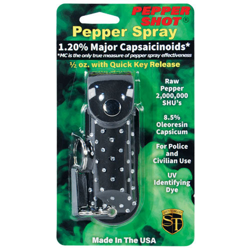 Pepper Shot .5 oz Pepper Spray with Leatherette Rhinestone Holder - Available in Black & Pink