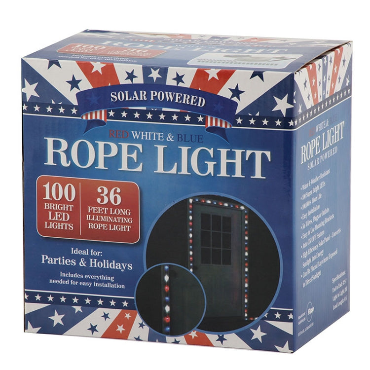 100 LED, Solar Rope Light, rope light, light decor, indoor decor, outdoor decor, holiday decor, red white blue, patriotic, 4th of july, presidents day, USA, solar powered lighting, party lights, holiday lights, wholesale, wholesale lighting